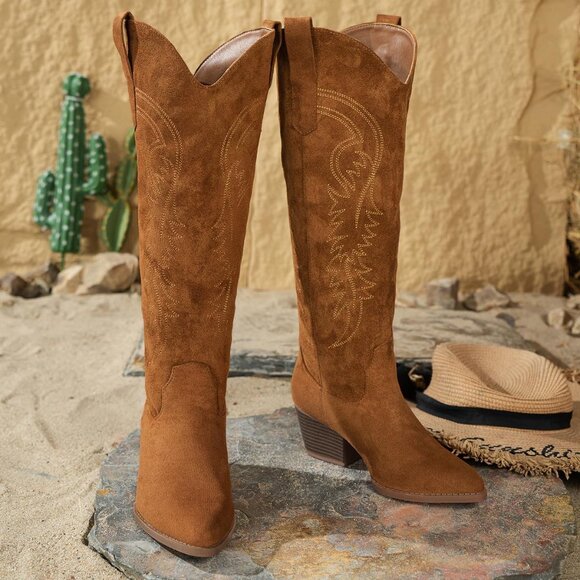 ⚡Women's Brown Embroidered Cowgirl Boots Knee High Pointed Toe Chunky Heel - Picture 6 of 7